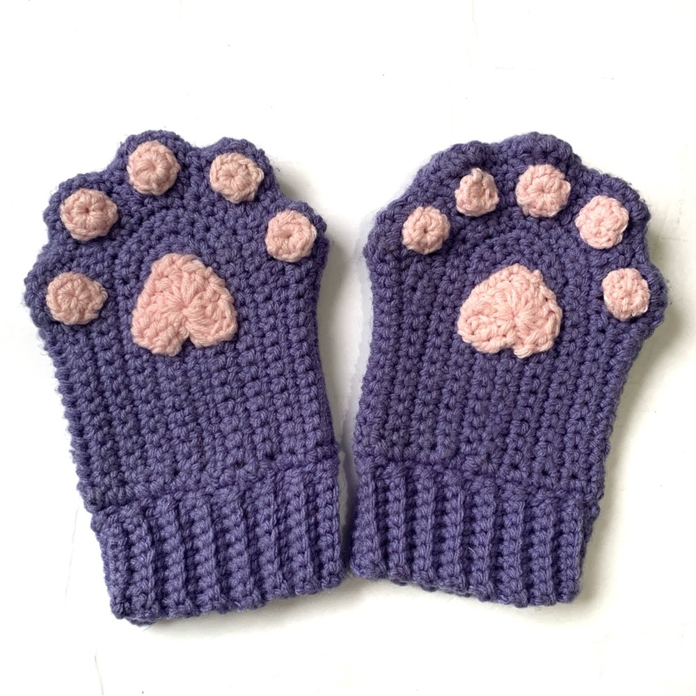 Handmade Crochet Purple Cat Paw Mittens